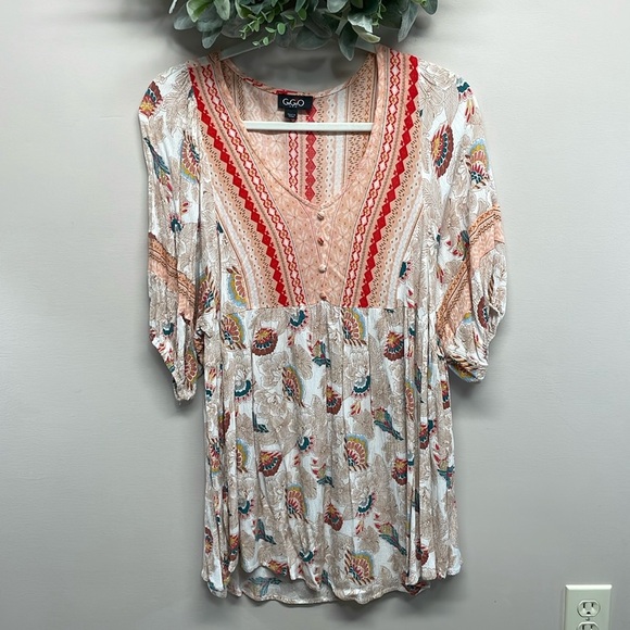 Gigio Boho Nordic Floral Mixed Print V-Neck 1/2 Sleeve Tunic Top S - Picture 1 of 12